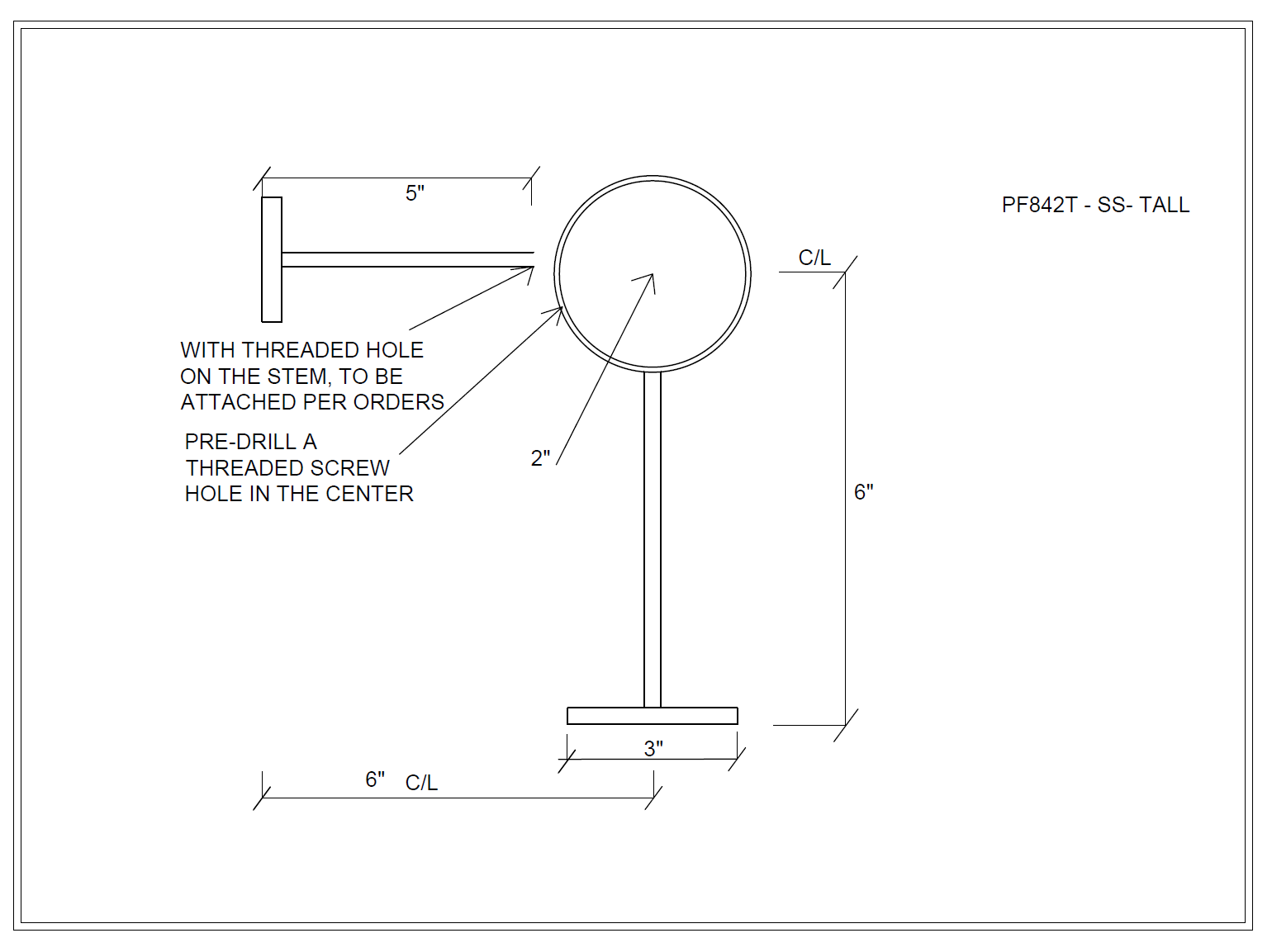 Tall Ball Center Post with Optional Wall Support for 2" OD Tubing - All finishes except brass