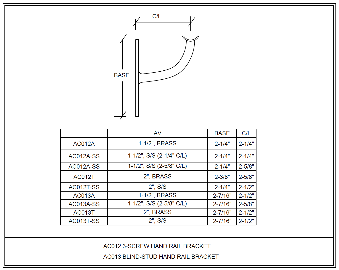 Blind Stud Handrail Bracket 1.5" (Brass 2 1/2" C /L, Stainless 2 5/8" C/L) - All finishes