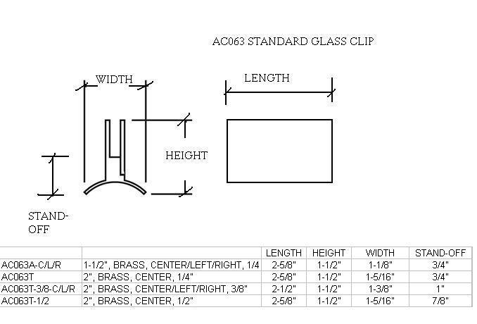Standard Glass Clips for 1.5" Tubing and 1/4" Glass - All finishes Polished Brass
